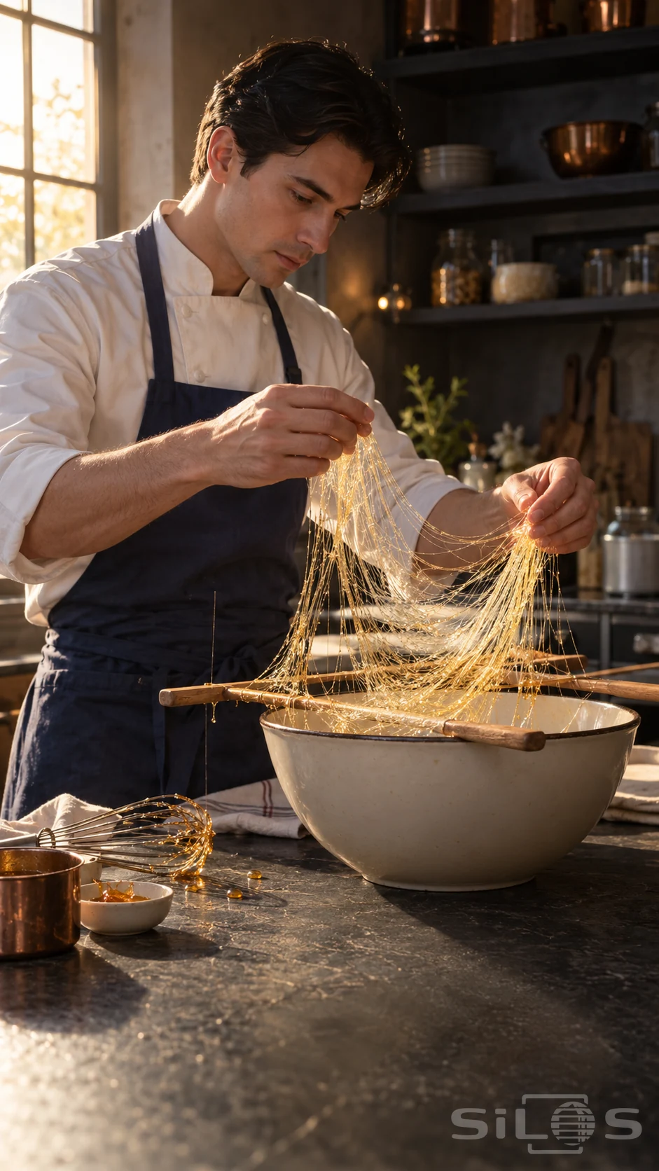 A pastry cook lifts fine golden spun sugar threads between his hands above wooden utensils and a cream bowl in morning light.