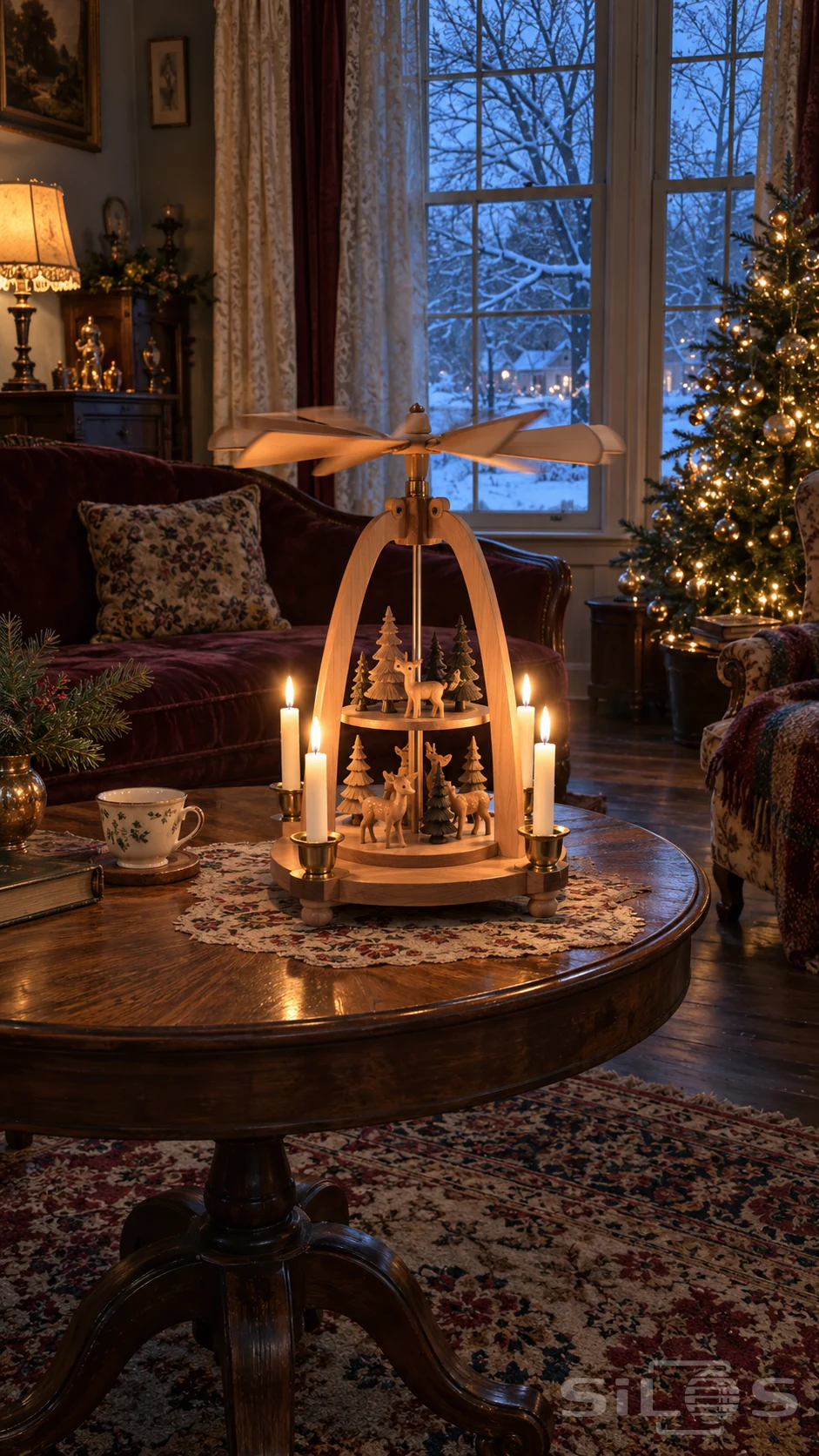 A wooden candle pyramid with carved deer stands in a winter parlor beside a snowy window and a lit evergreen.