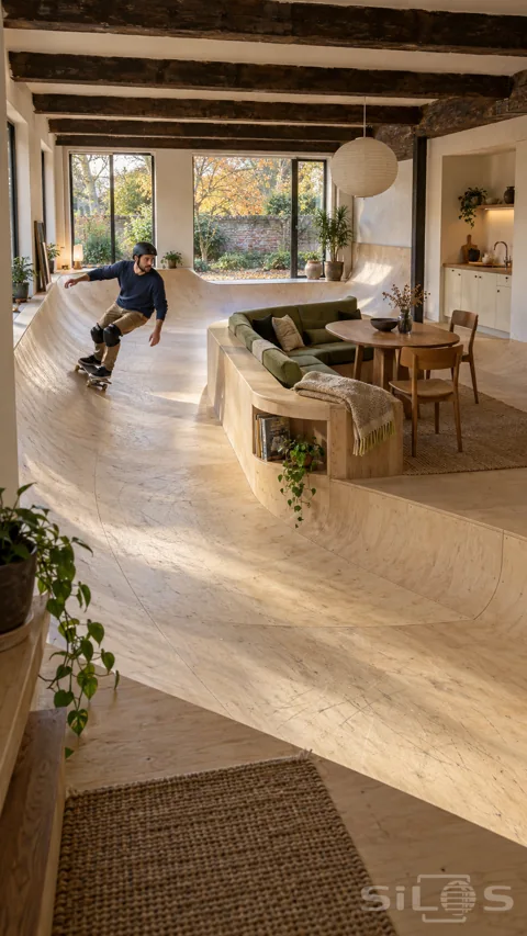 An adult skater makes a low turn on a curved timber floor around a raised sitting and dining island inside a garden-facing home.
