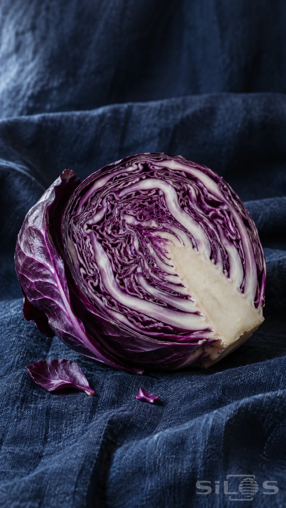 Red cabbage layers reveal pale branching ribs and deep purple folds in a cut half resting on rumpled indigo linen.