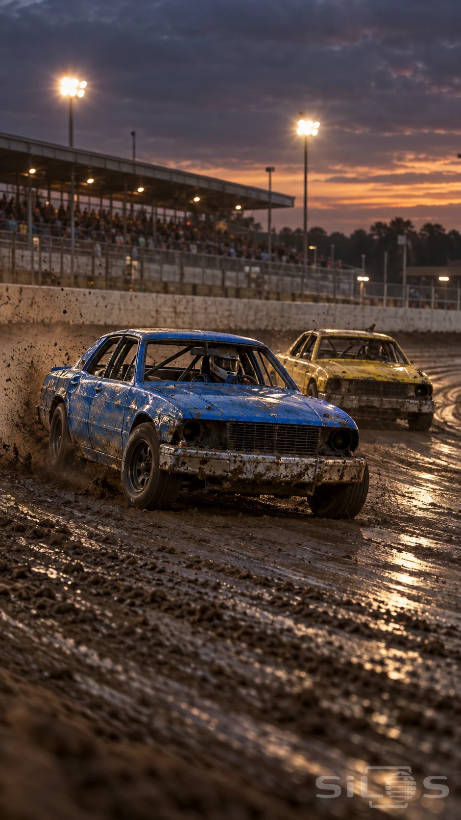 Dirt track racing with blue and yellow stock cars, mud spray and wet ruts beneath evening floodlights.