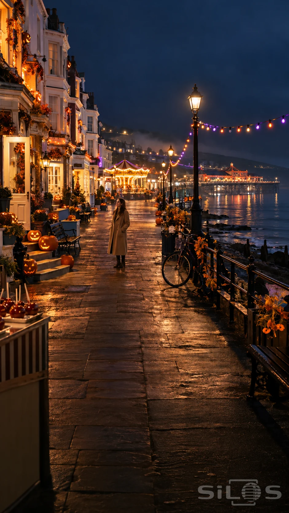 A woman in a long camel coat stands alone on a pumpkin-lined seaside promenade with a bright carousel and illuminated pier behind.