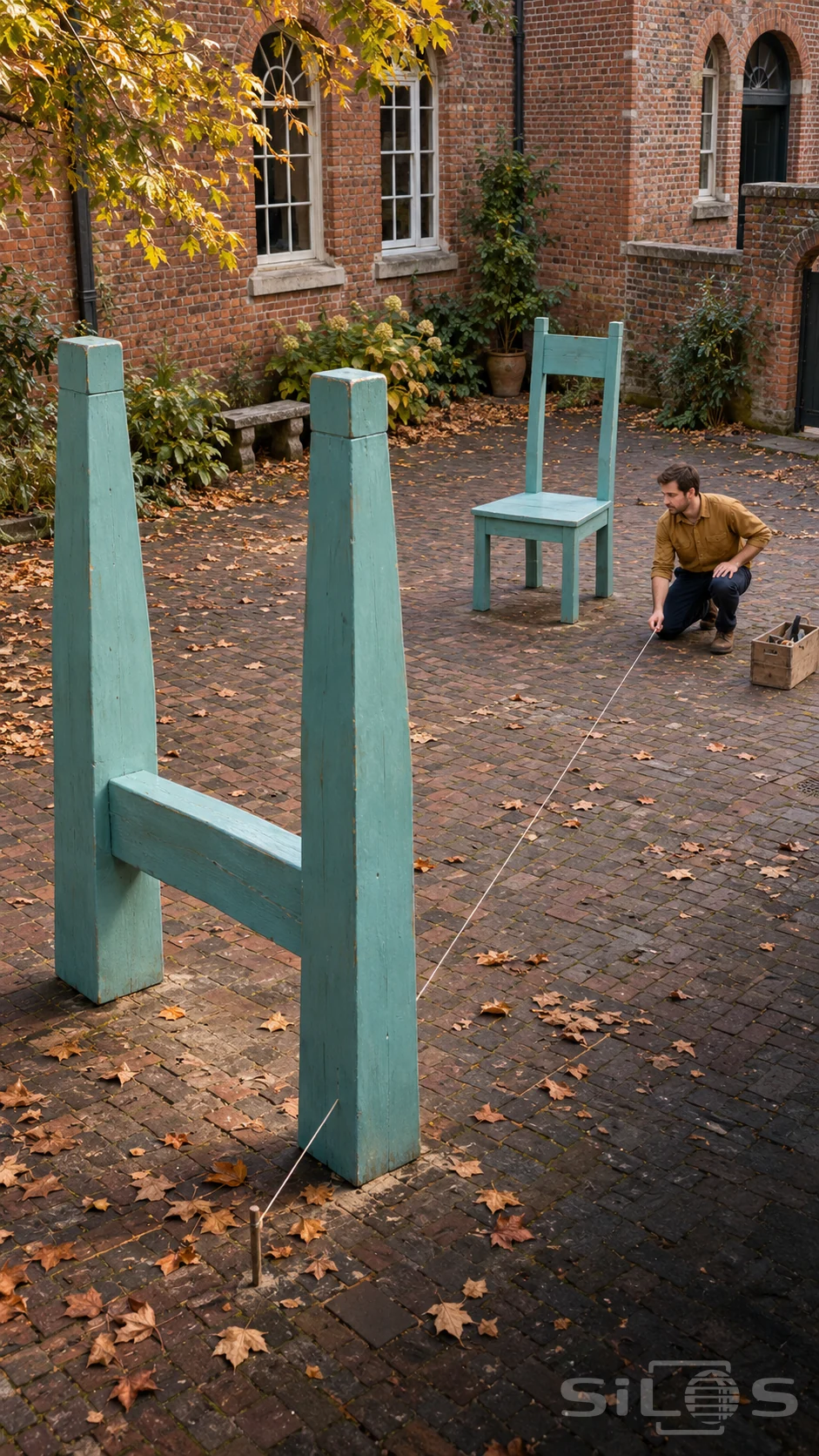 Perspective chair installation with oversized teal front posts, a separate chair and a kneeling maker holding an alignment string.