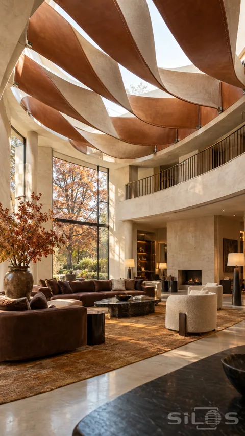 Broad cognac leather ceiling straps with pale undersides above a double-height lounge and autumn garden windows