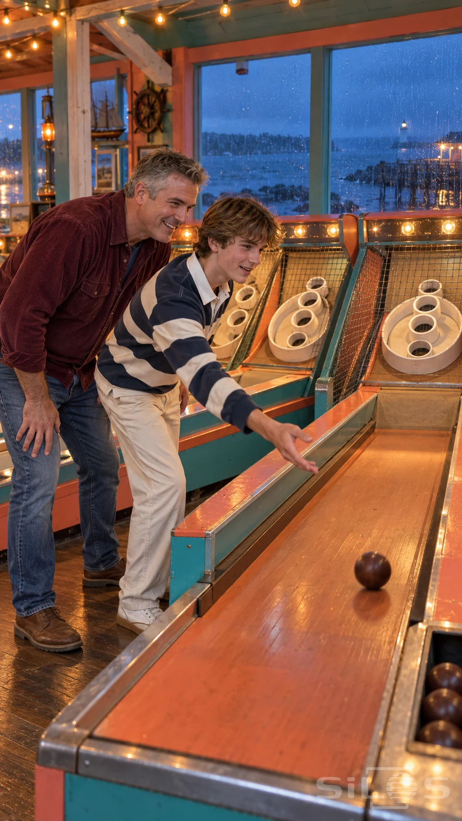 A father watches his teenage son release a skeeball along an orange lane beside a rainy window in a warmly lit seaside arcade.