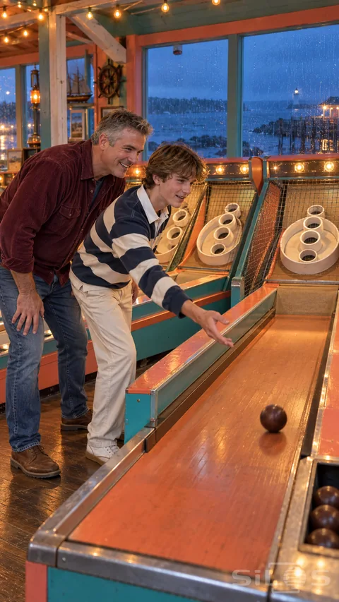 A father watches his teenage son release a skeeball along an orange lane beside a rainy window in a warmly lit seaside arcade.