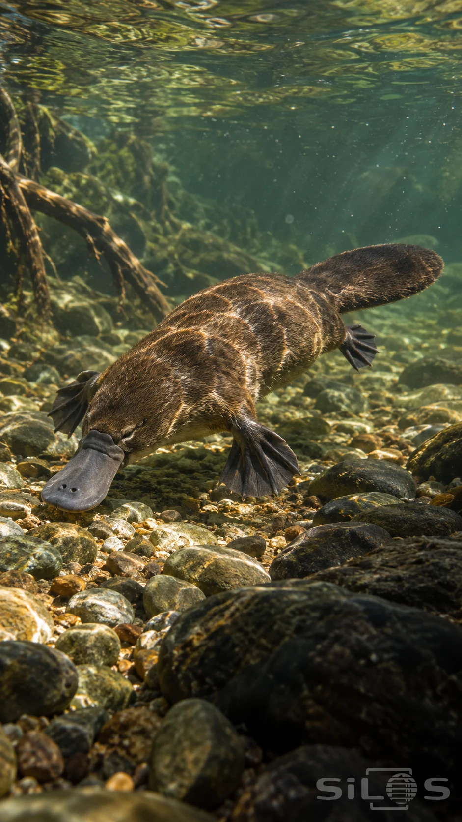 A brown platypus swims above rounded pebbles underwater, with a broad gray bill, webbed feet and a flat furry tail.