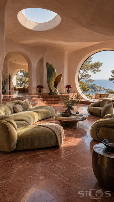 Rounded pink plaster living room with circular skylight; green sculptural sofa; red stone floor and a large round window facing the sea.