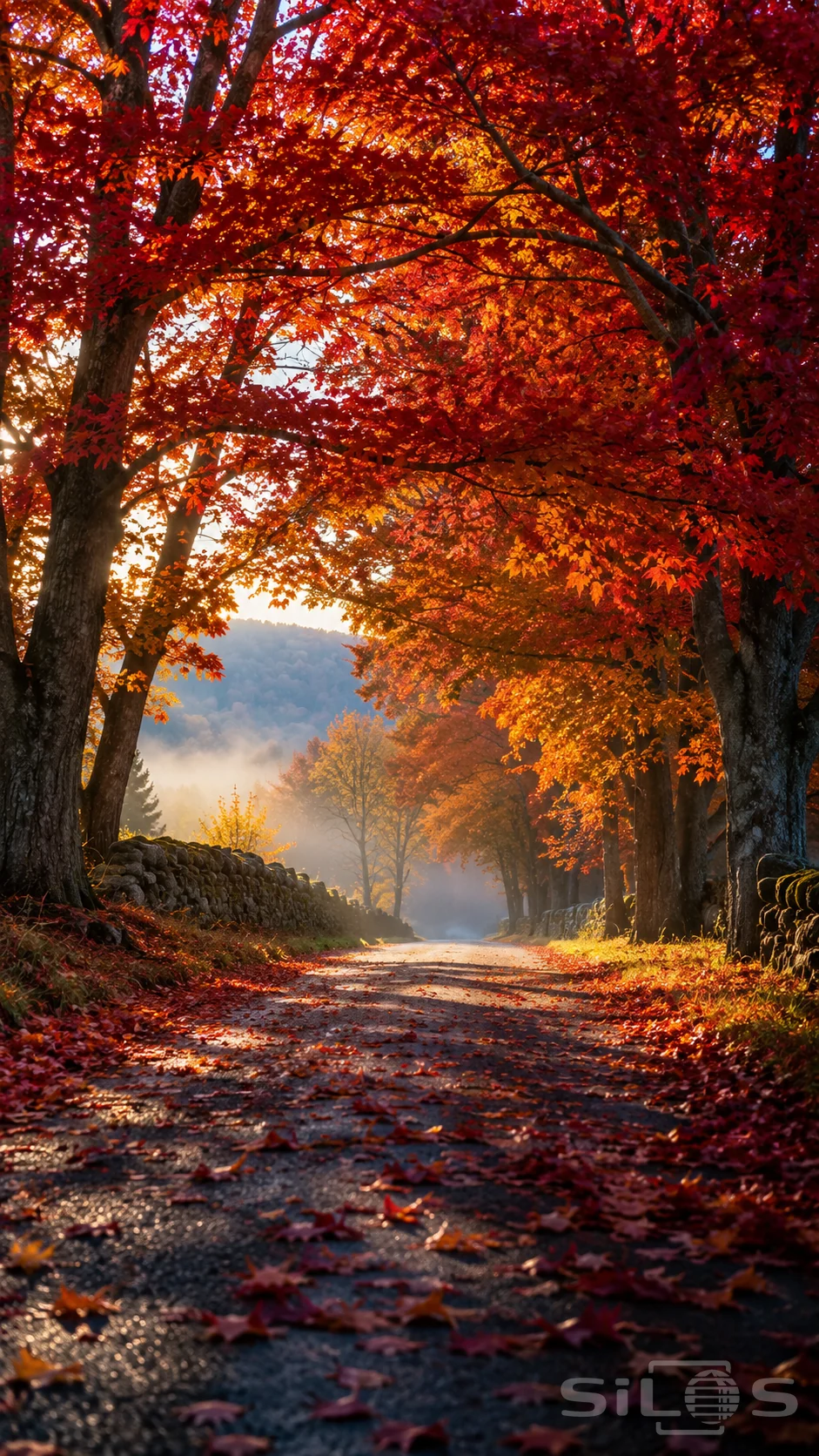 Crimson and orange maple branches form a tunnel above an empty country lane bordered by stone walls and distant misty hills.