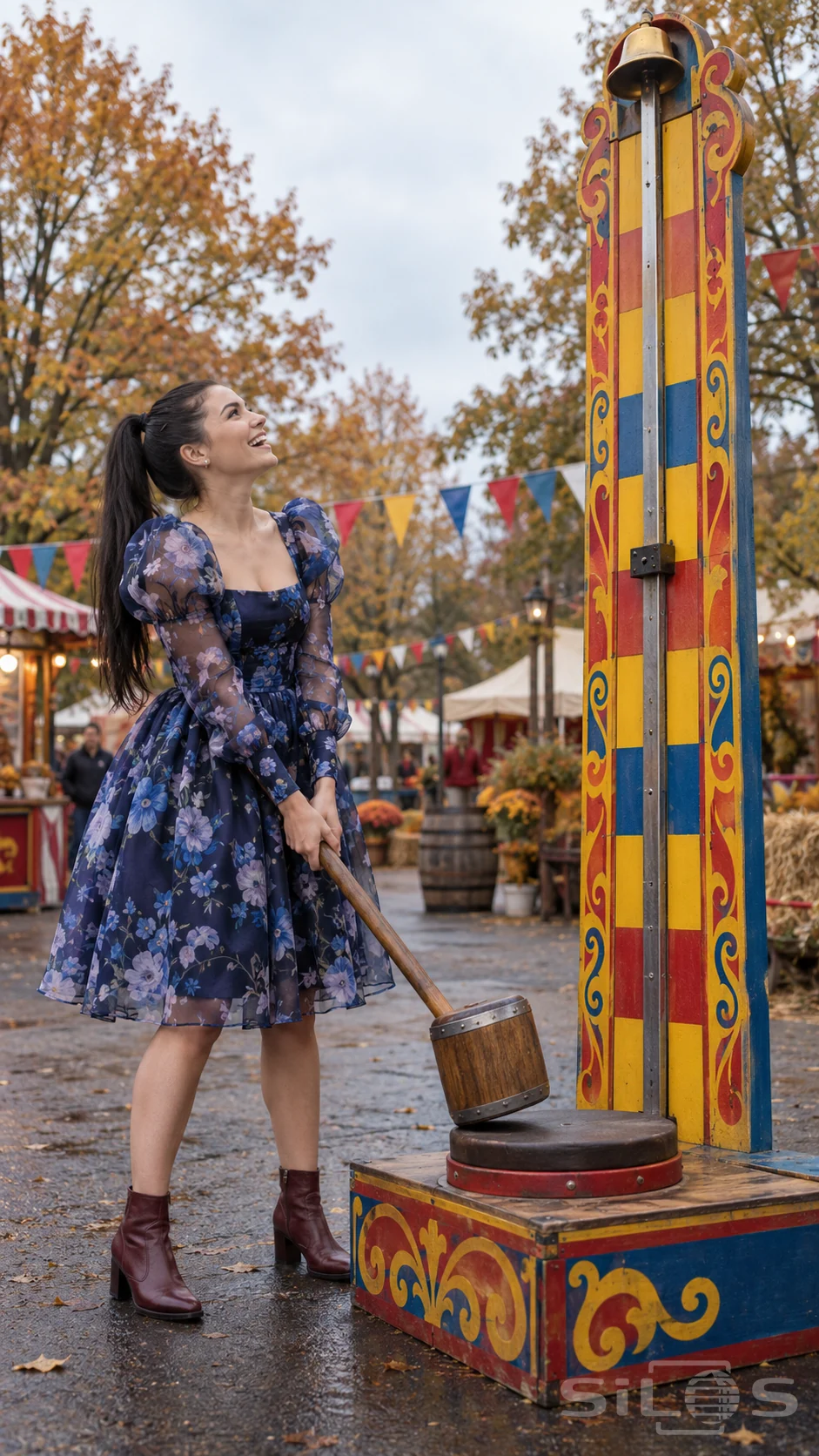 An adult woman in a floral organza dress holds a wooden mallet beside a painted high striker at an autumn carnival.