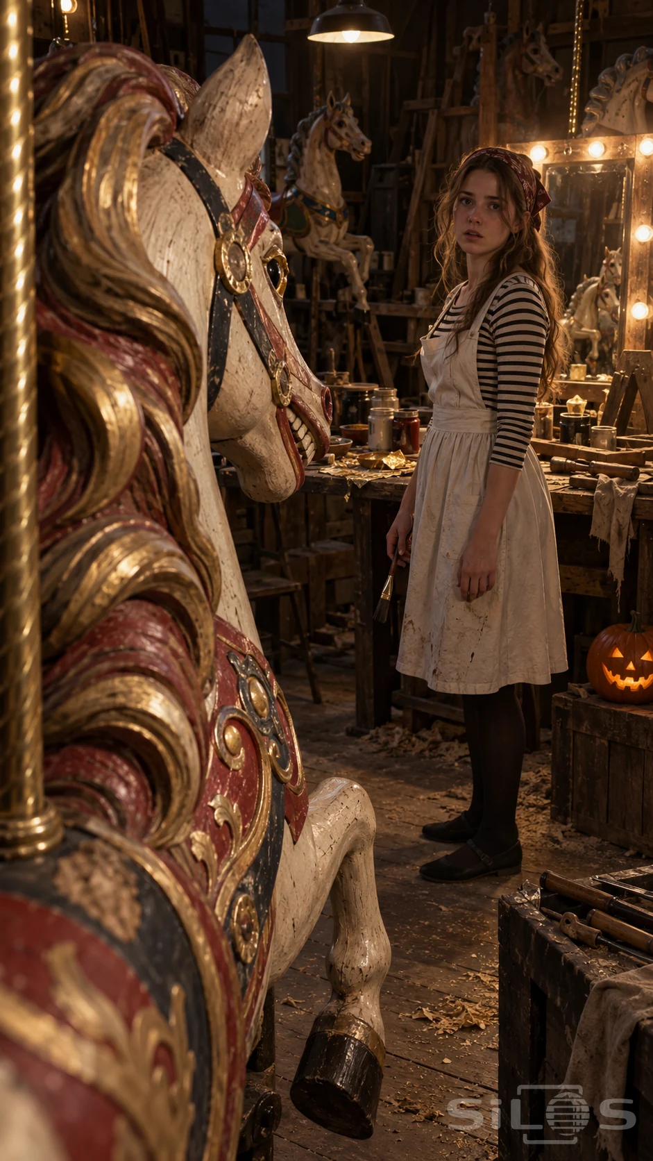 View past a red-and-gold carved carousel horse toward a still woman holding a lowered brush in a workshop.