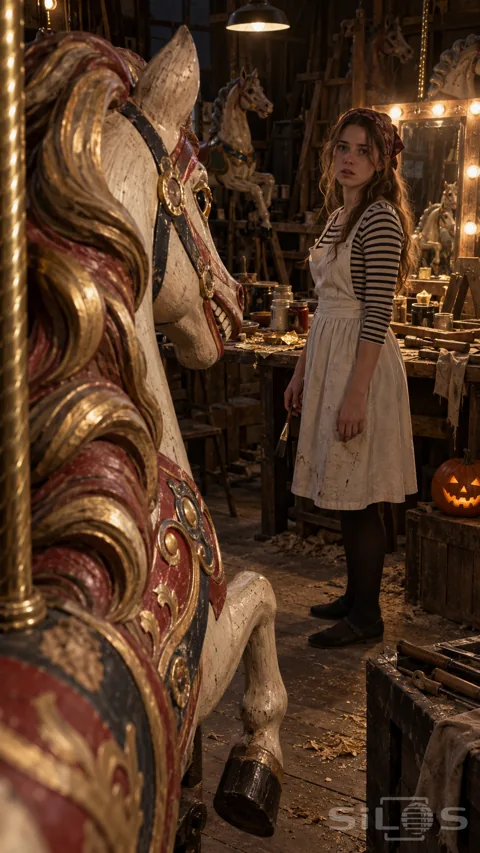 View past a red-and-gold carved carousel horse toward a still woman holding a lowered brush in a workshop.
