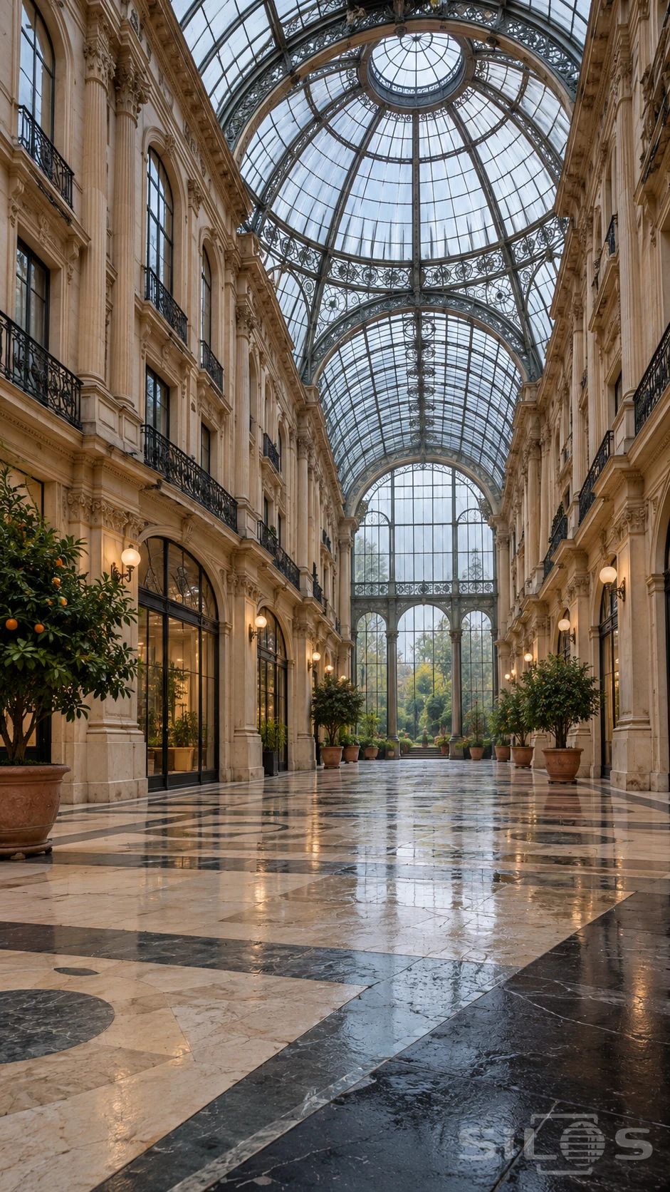 A tall iron-and-glass arcade with a central dome shelters ornate cream facades, dark balconies and potted citrus trees over patterned stone.
