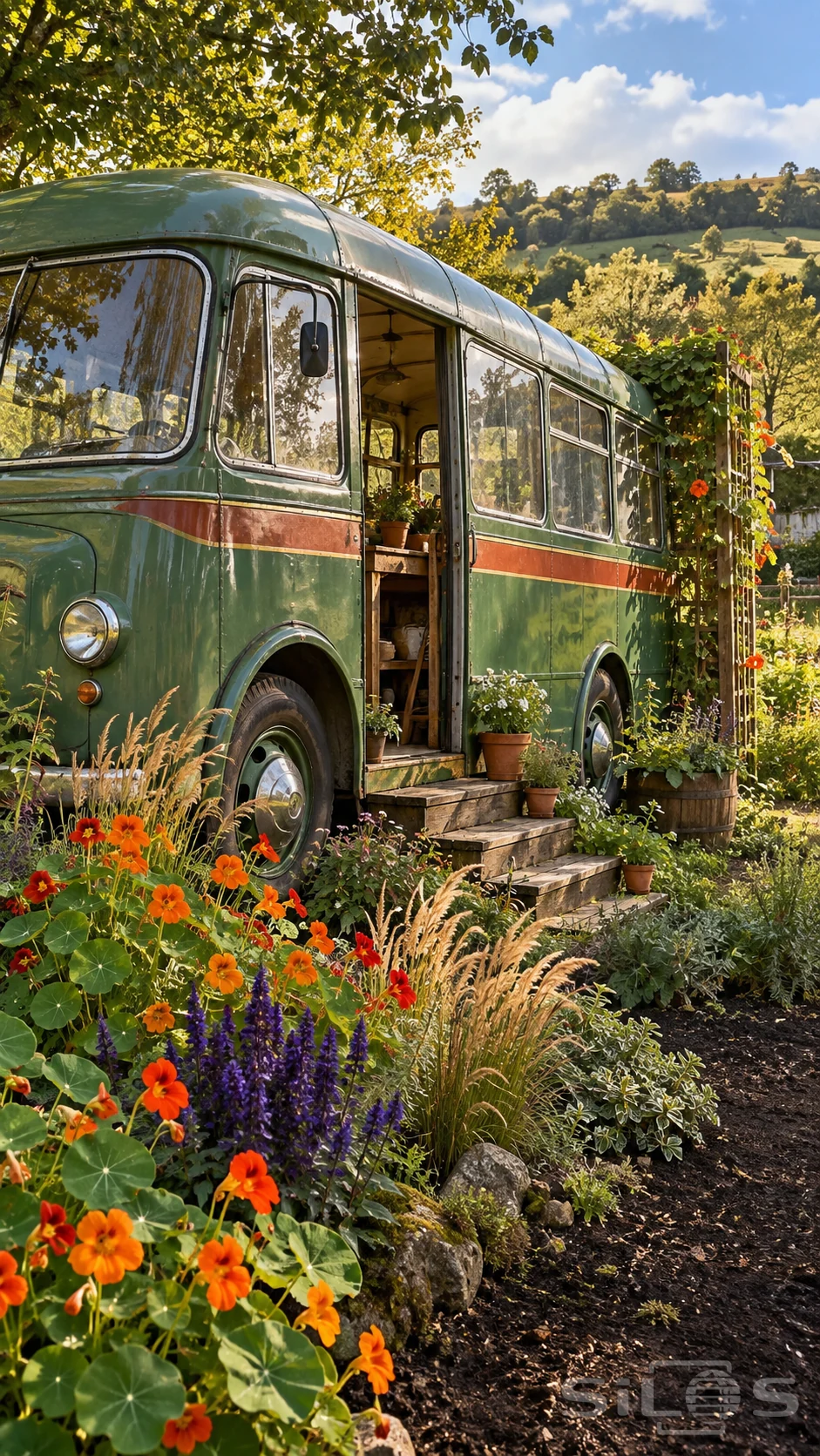 A retired green bus with a rust-red stripe stands among orange nasturtiums and purple flowers, with wooden steps at its open door.