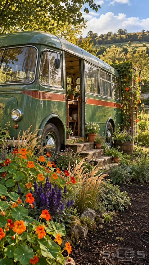 A retired green bus with a rust-red stripe stands among orange nasturtiums and purple flowers; with wooden steps at its open door.