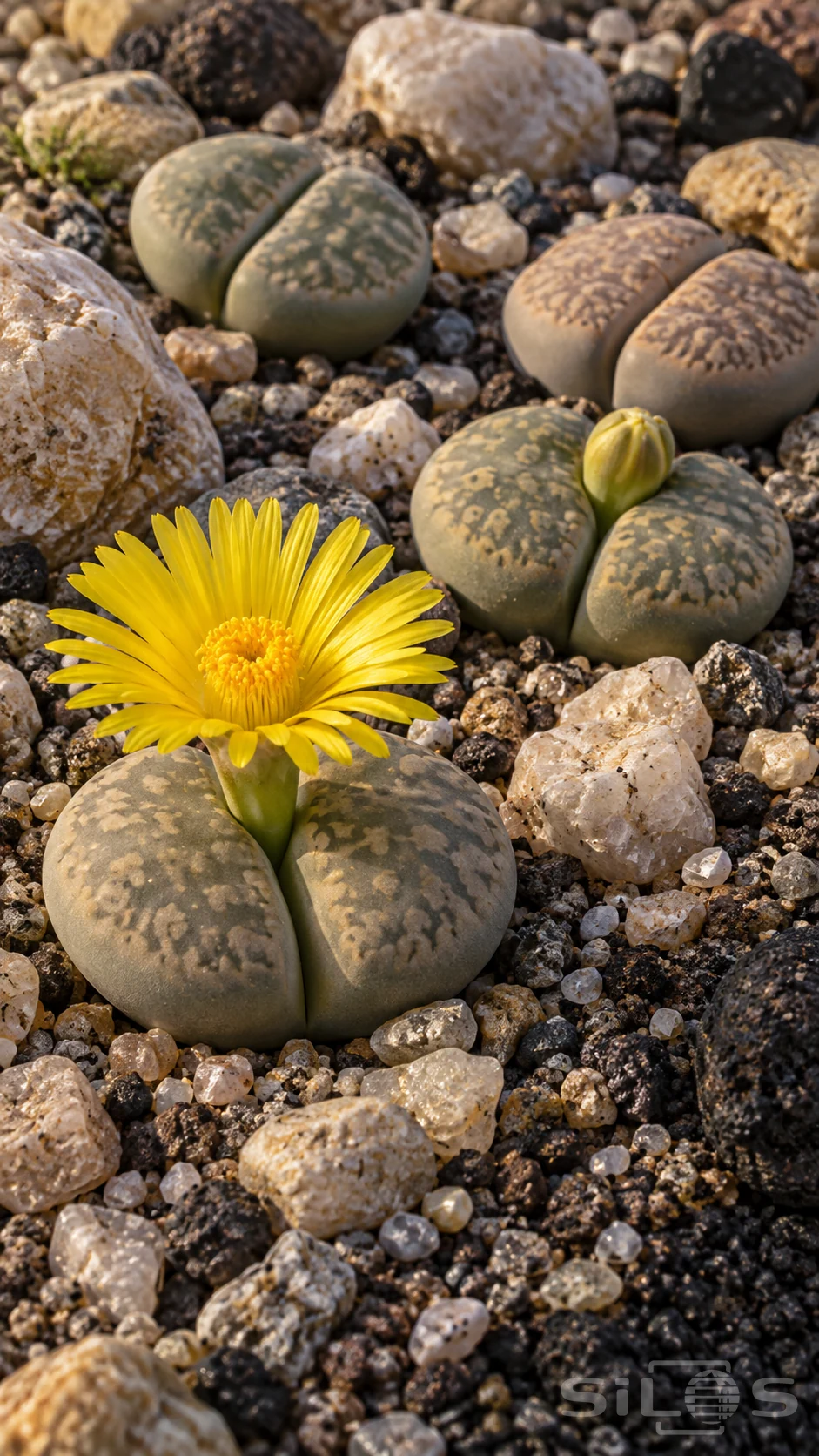 A yellow flower rises from the central cleft of a living-stone plant, with three other paired plants and quartz pebbles behind.
