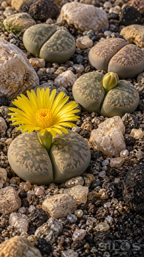 A yellow flower rises from the central cleft of a living-stone plant; with three other paired plants and quartz pebbles behind.