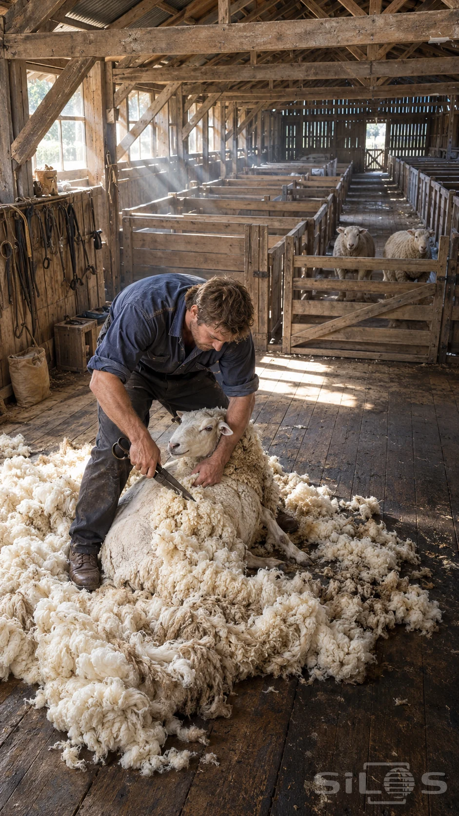 Sheep shearing with a man using hand shears beside a seated sheep, pale fleece on floorboards and timber pens behind.