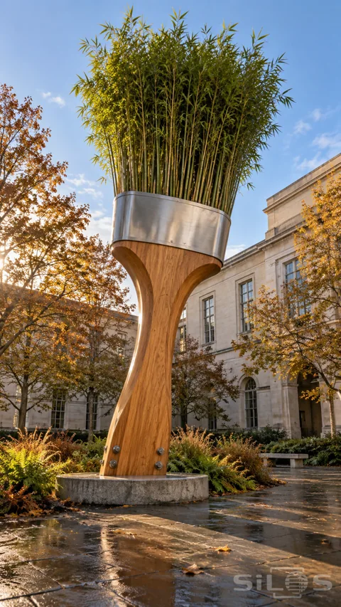 A monumental wooden paintbrush sculpture with living bamboo growing from a broad metal band in a courtyard.