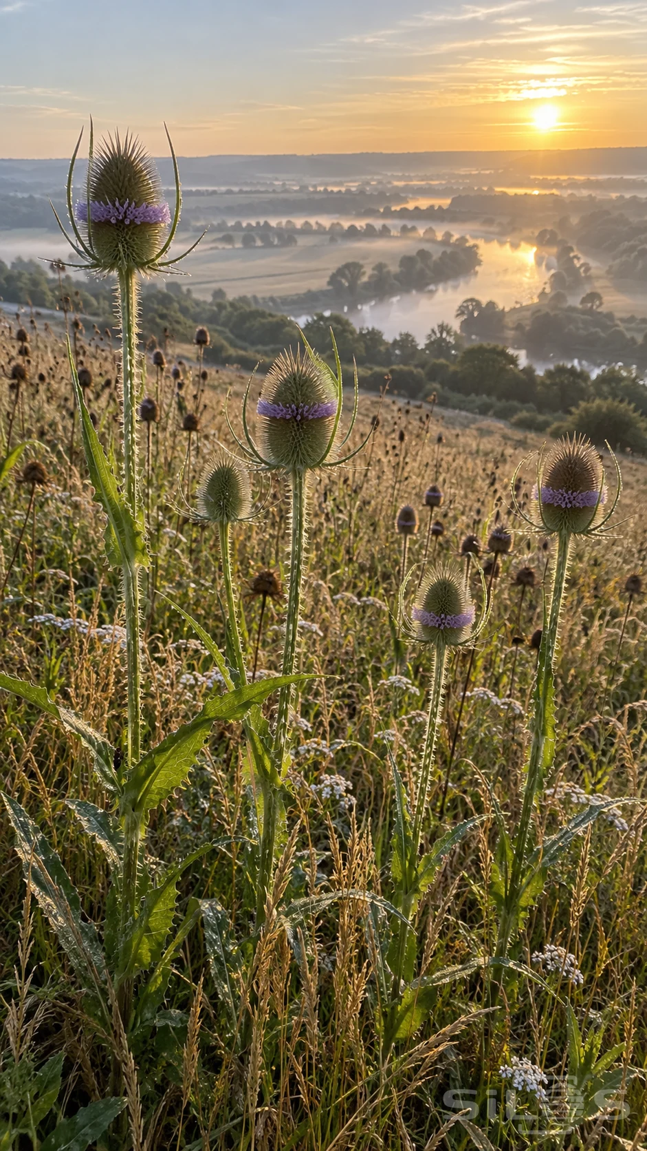 A teasel meadow with purple flower rings overlooks a misty river valley beneath a low golden sun.