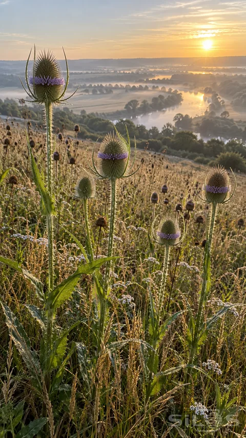 A teasel meadow with purple flower rings overlooks a misty river valley beneath a low golden sun.