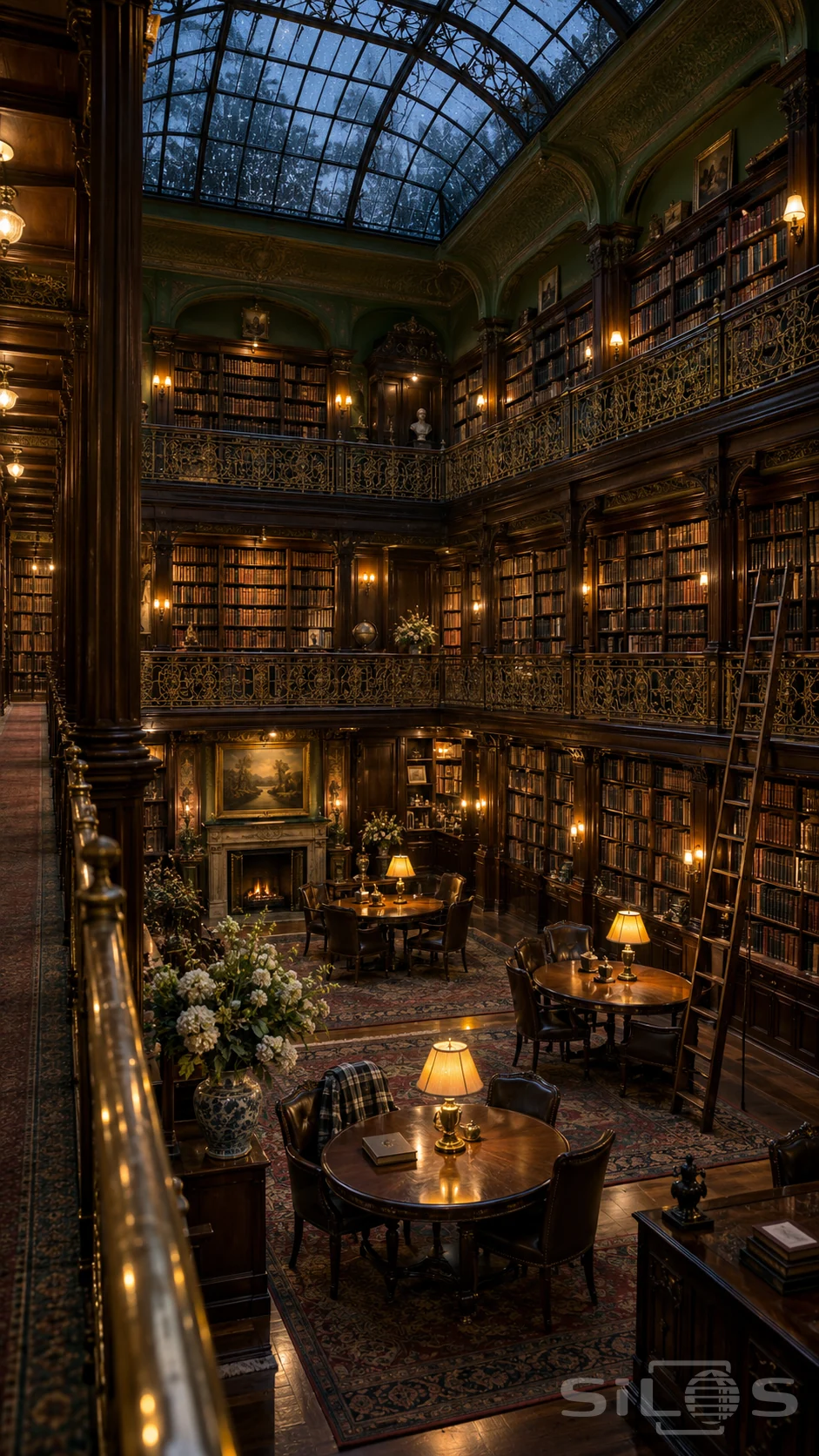 Gilded library with brass balcony rails, dark bookshelves, amber reading lamps and a tall rain-streaked glass roof.