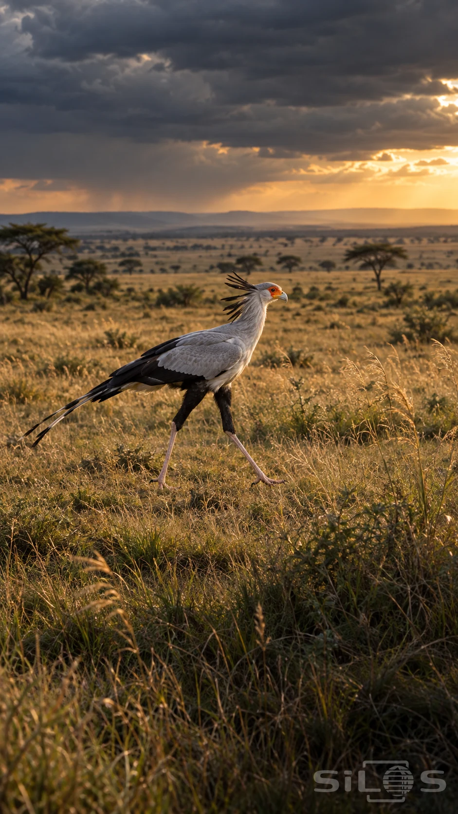 A gray secretary bird with a black crest and long pale legs walks through golden grass beneath dark clouds and low sunlight.