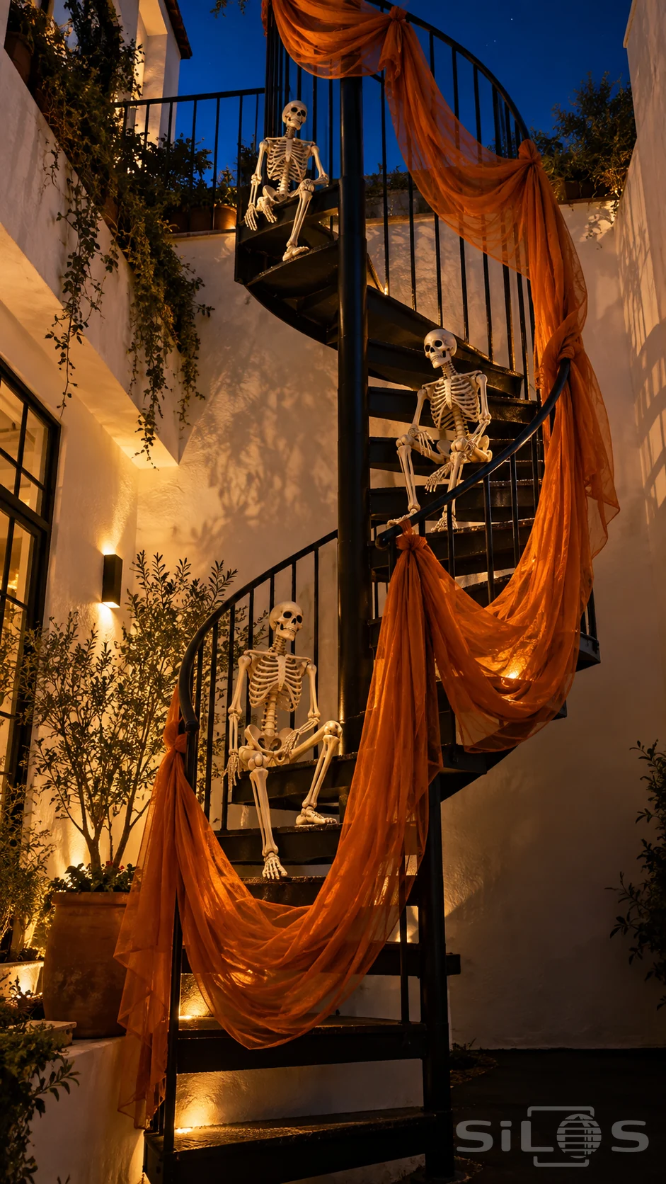 Three ivory skeletons sit at different levels of a black spiral staircase draped with orange fabric in a warmly lit courtyard.