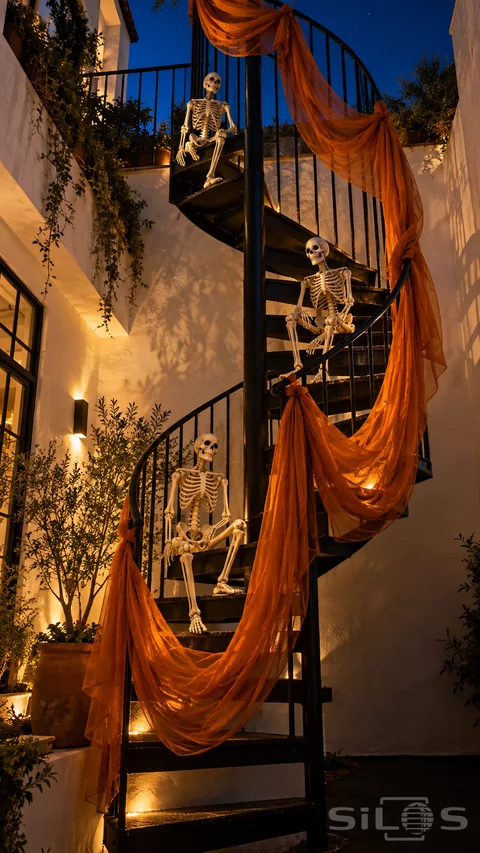 Three ivory skeletons sit at different levels of a black spiral staircase draped with orange fabric in a warmly lit courtyard.