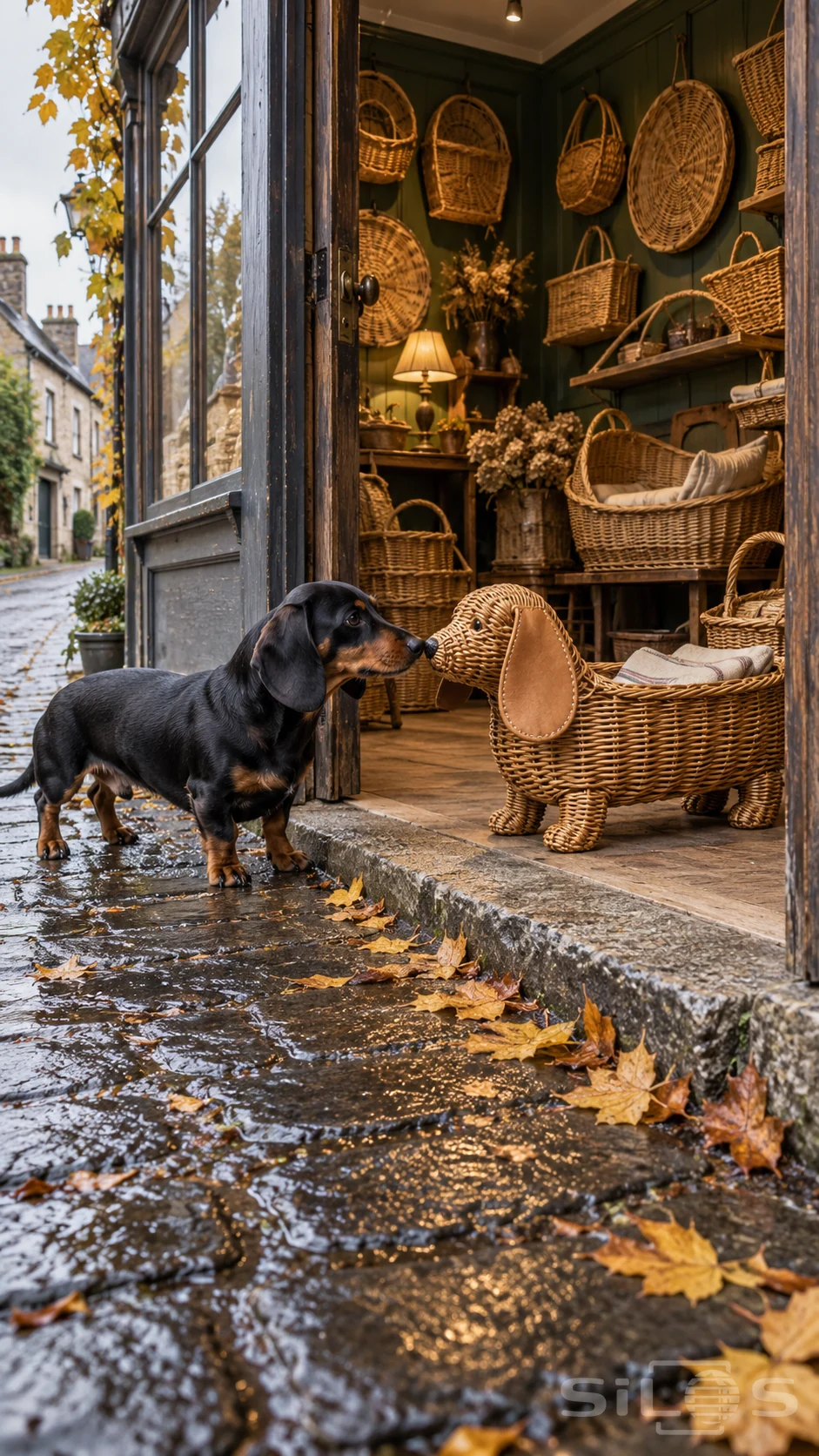 A black-and-tan dachshund touches noses with a wicker dog basket with large leather ears outside a basket shop.