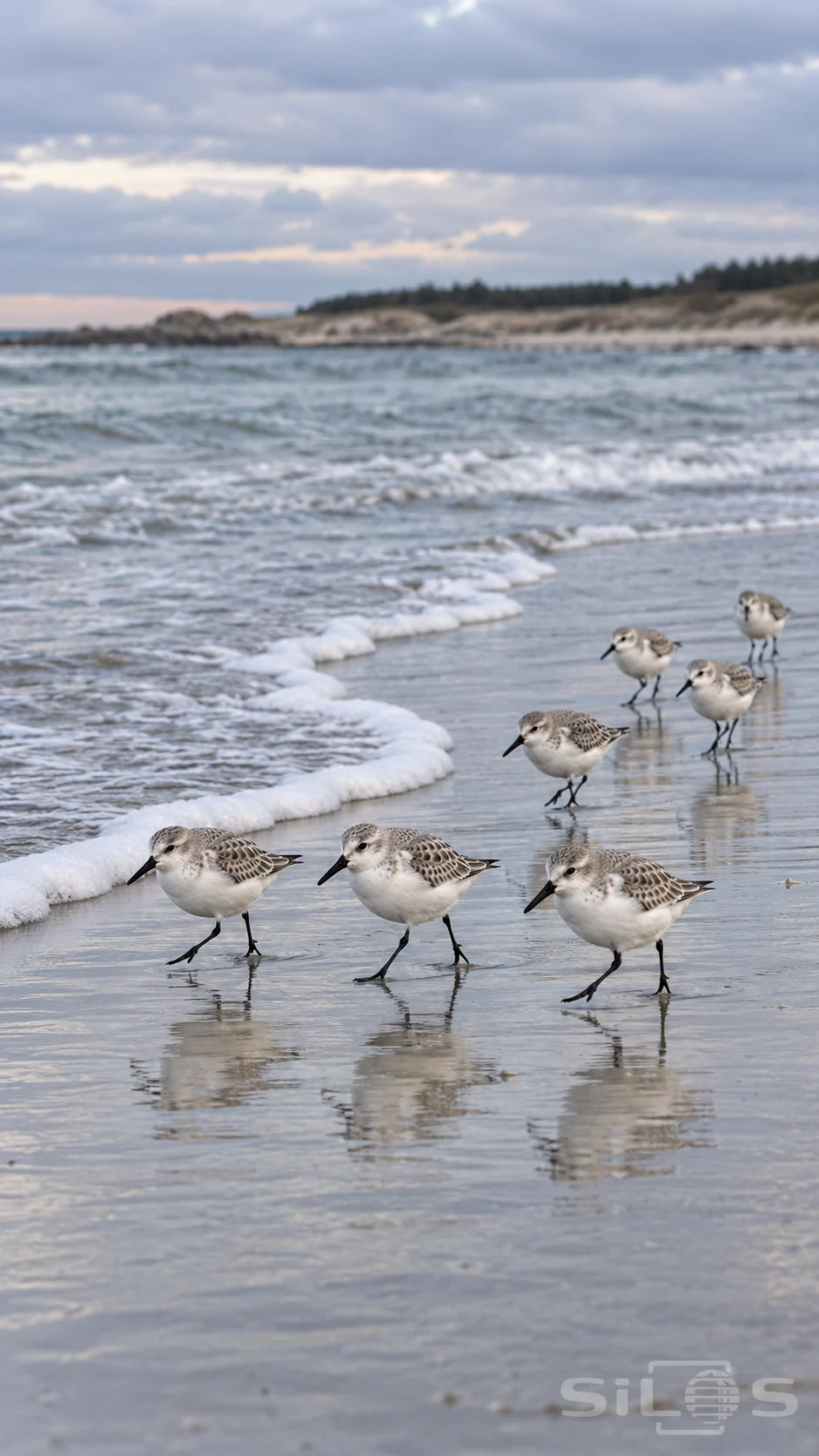 Seven sanderlings hurry along reflective wet sand beside the curving white edge of an incoming wave.