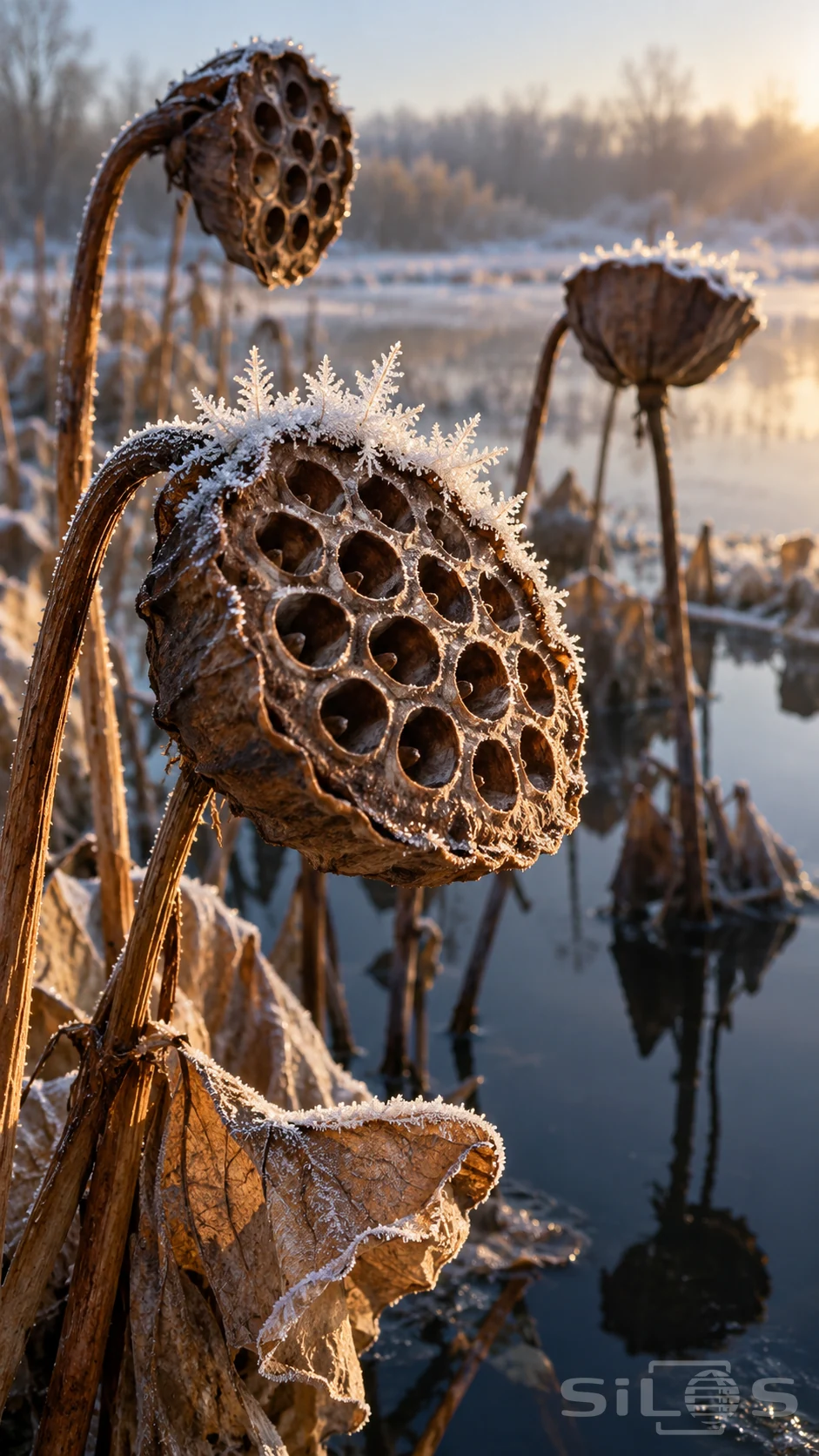 Branching frost crystals crown dry winter lotus pods above a dark pond, with hollow seed cavities and curled brown leaves.