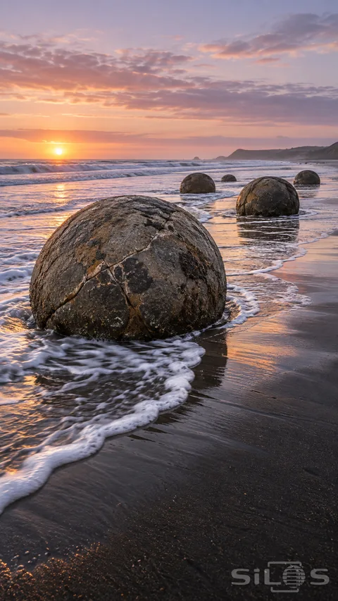 Round boulders with mottled surfaces and irregular mineral seams stand in white surf on wet sand beneath a peach sunrise.