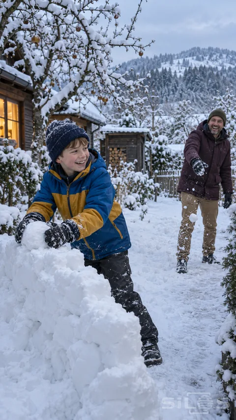 A boy adds to snowball ramparts while his laughing father throws snow beside a timber cottage and snow-covered orchard branches.