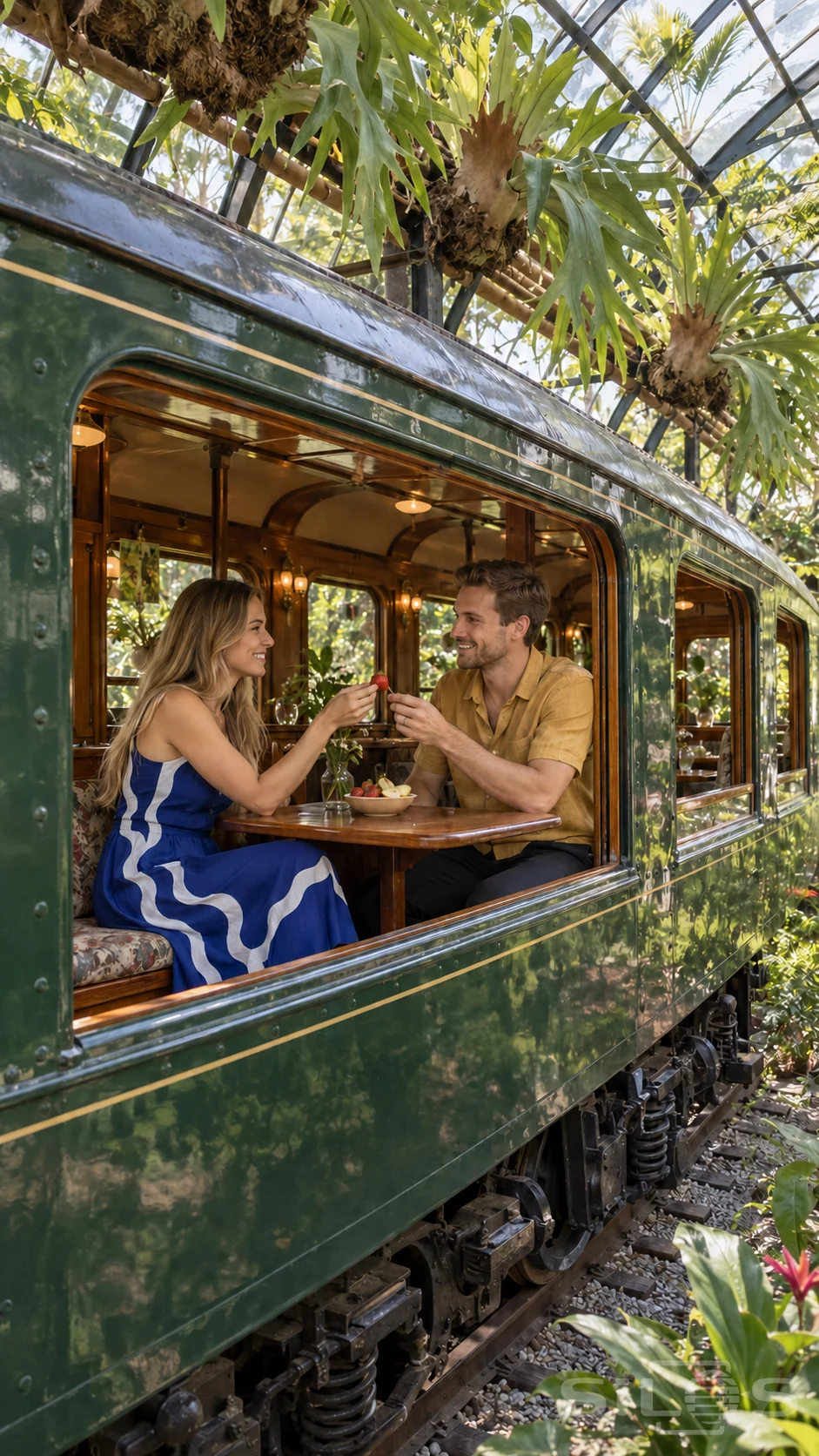 An adult couple share a strawberry at a table inside a green garden railway carriage beneath hanging staghorn ferns.