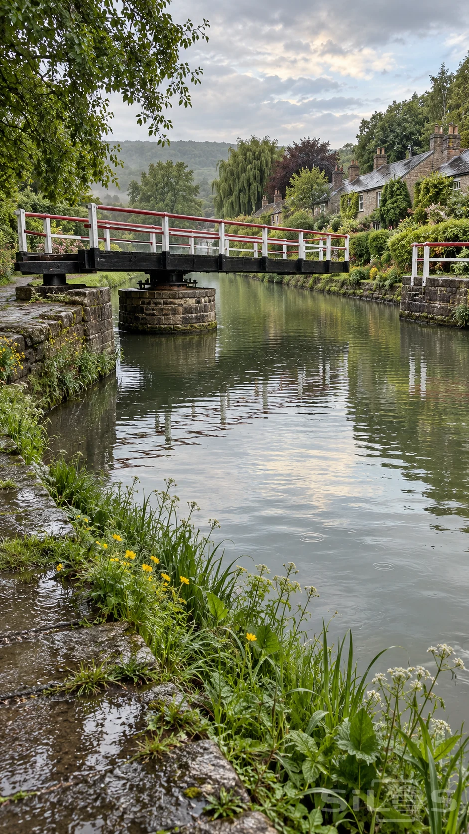 Canal swing bridge on a round stone pivot above green water beside a wet towpath and stone cottages.