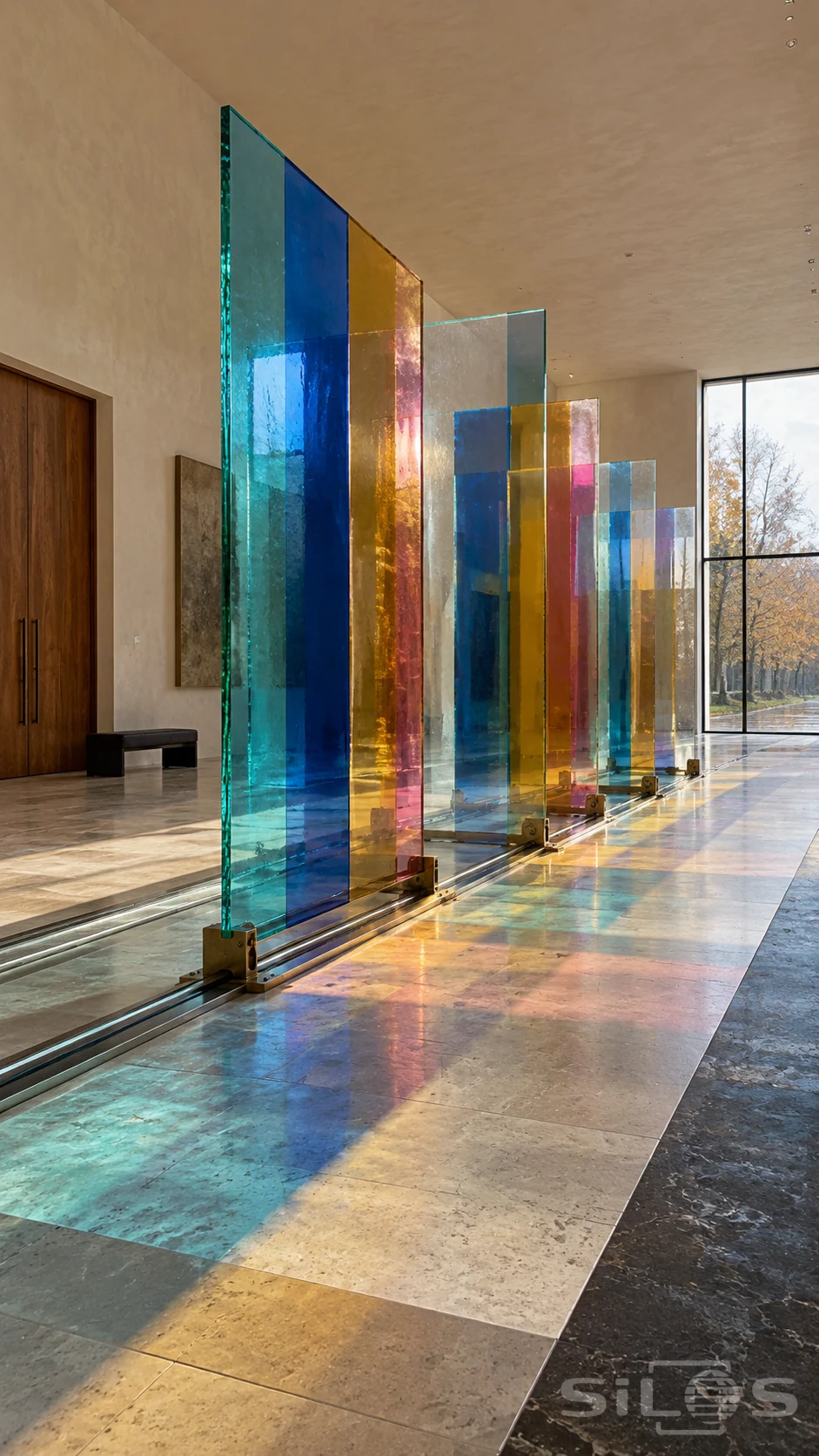 Five tall glass panels with blue and gold stripes stand on metal tracks and cast coloured light across a pale stone gallery floor.