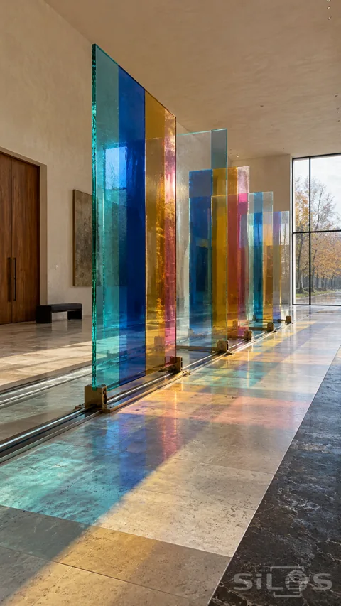 Five tall glass panels with blue and gold stripes stand on metal tracks and cast coloured light across a pale stone gallery floor.