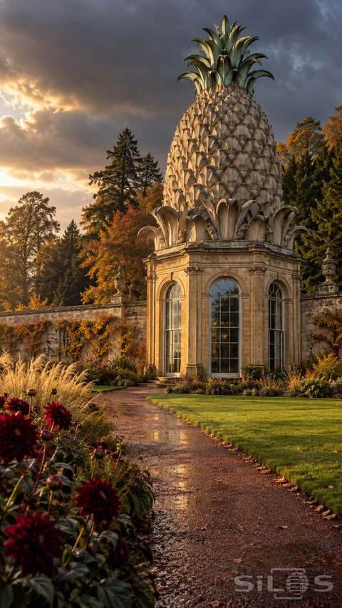 A stone pineapple folly with a green copper crown rises above a garden path and autumn flowers.