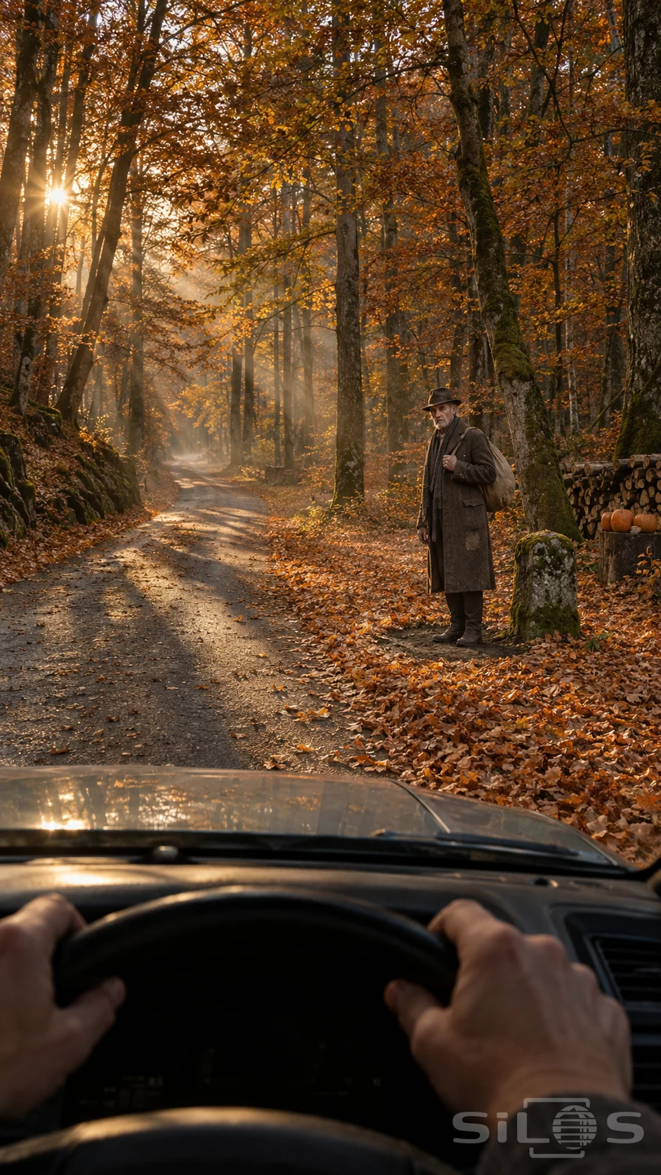 Hands on a steering wheel frame a man in a patched coat beside an autumn forest road.