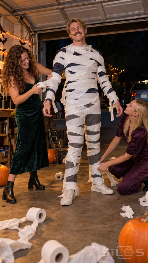 Three adult friends laugh during a Halloween mummy game; wrapping loose white paper around one friend's covered clothes.