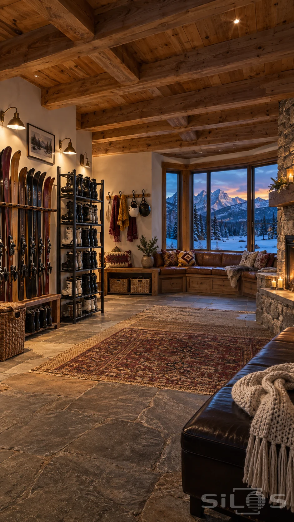 Alpine boot room with timber beams, ski racks, paired boots, patterned cushions and a snowy mountain view at dusk.
