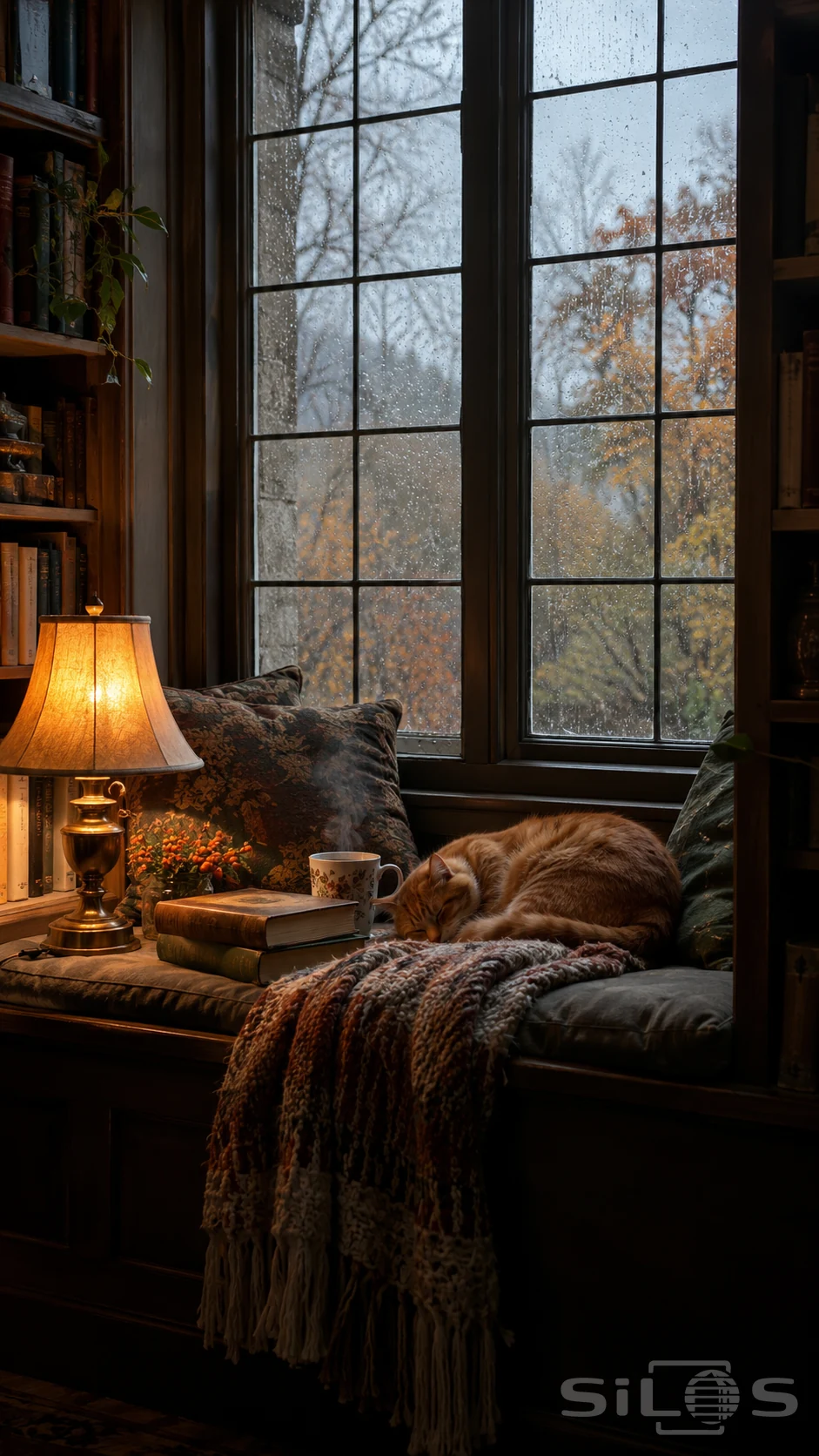A ginger cat sleeps beside two books and steaming tea on a knitted throw beneath a rain-streaked window and warm brass lamp.
