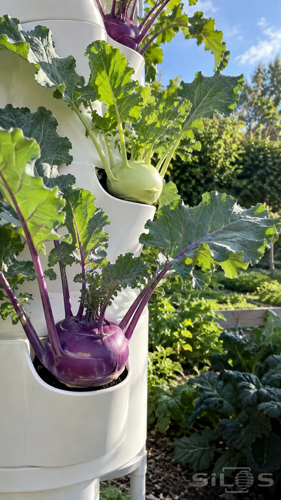 Purple and pale-green kohlrabi grow from curved pockets in a white garden tower, with broad leaves and raised beds behind.