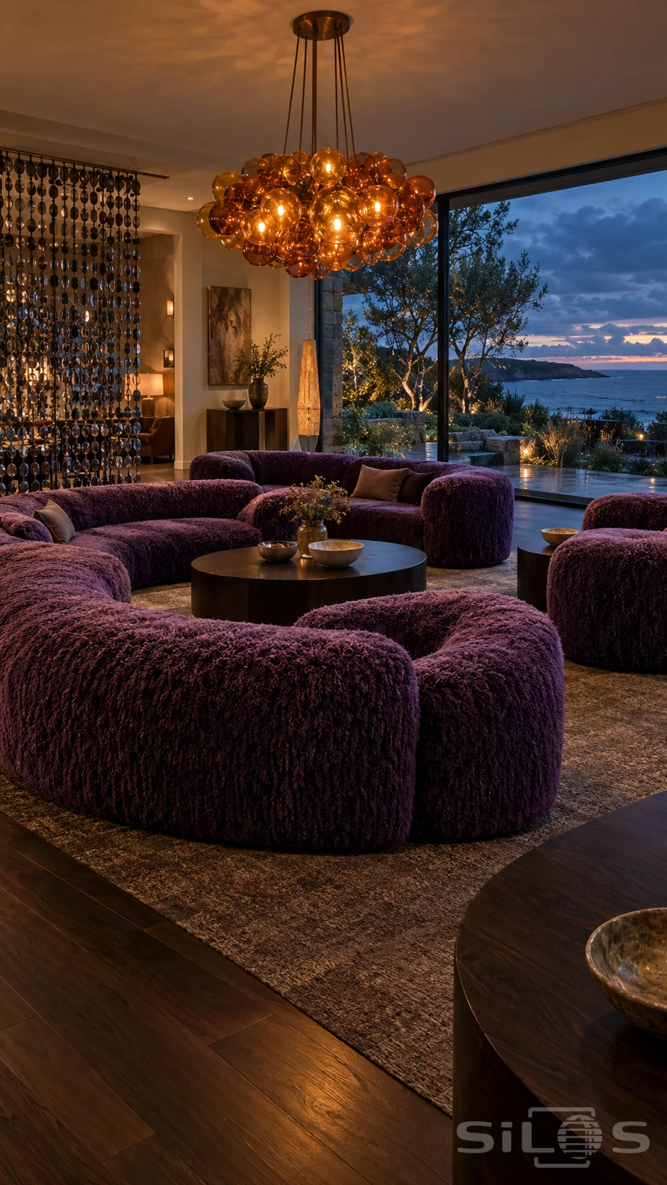 Curved violet shag sofas beneath an amber glass globe chandelier beside a disc curtain and a twilight sea window