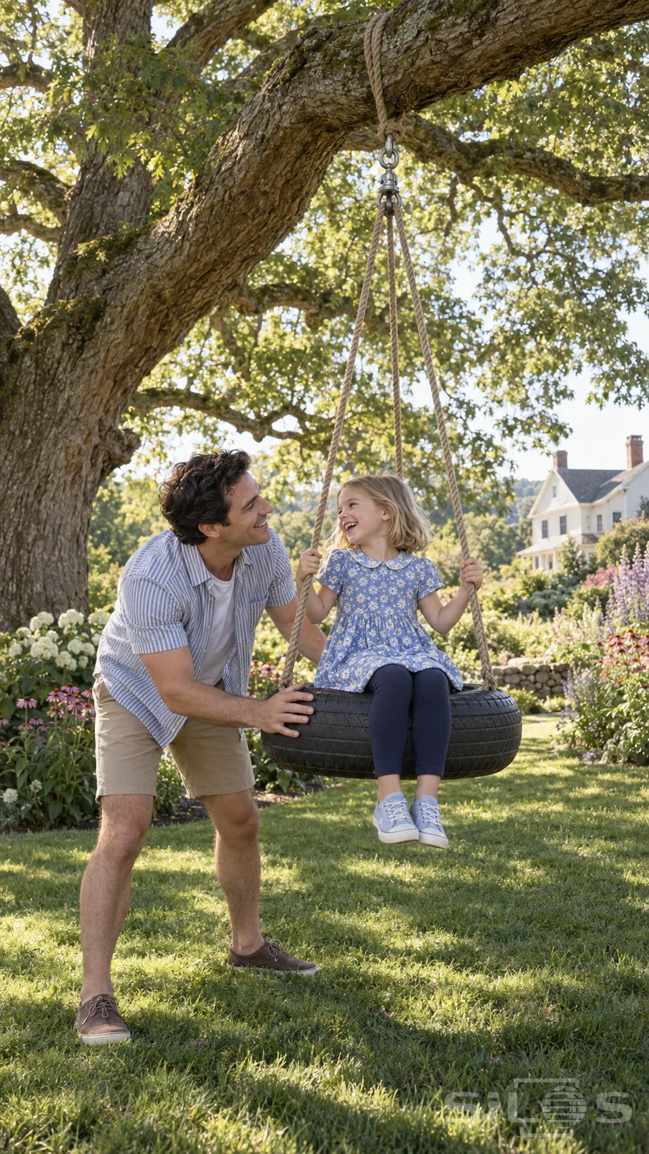 An oak tire swing carries a girl in a daisy dress while her father steadies the rim beneath a broad branch.