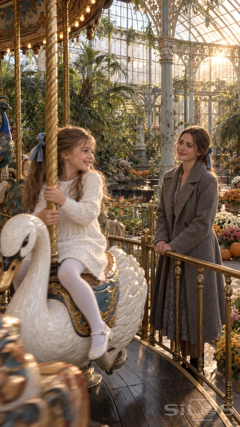 A girl in a white knitted dress rides a swan carousel past a woman wearing a matching blue ribbon inside a sunlit glasshouse.