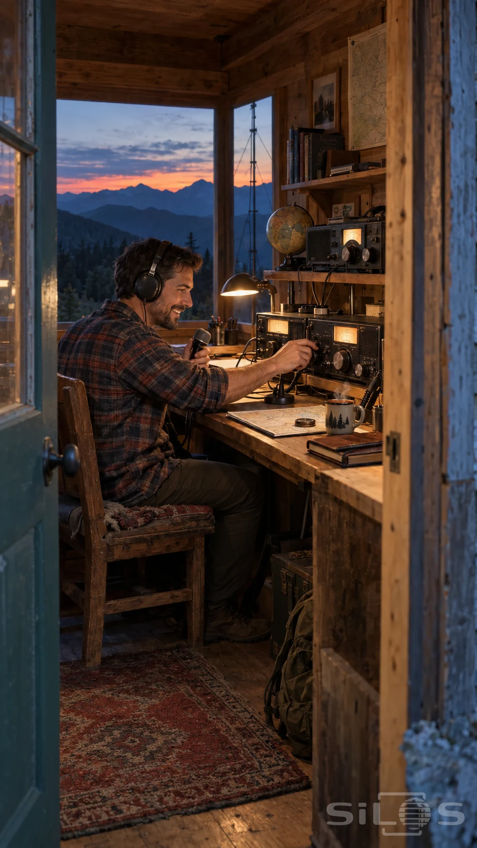 Amateur radio in a mountain cabin, with a man wearing headphones and turning a tuning knob beside glowing meters.