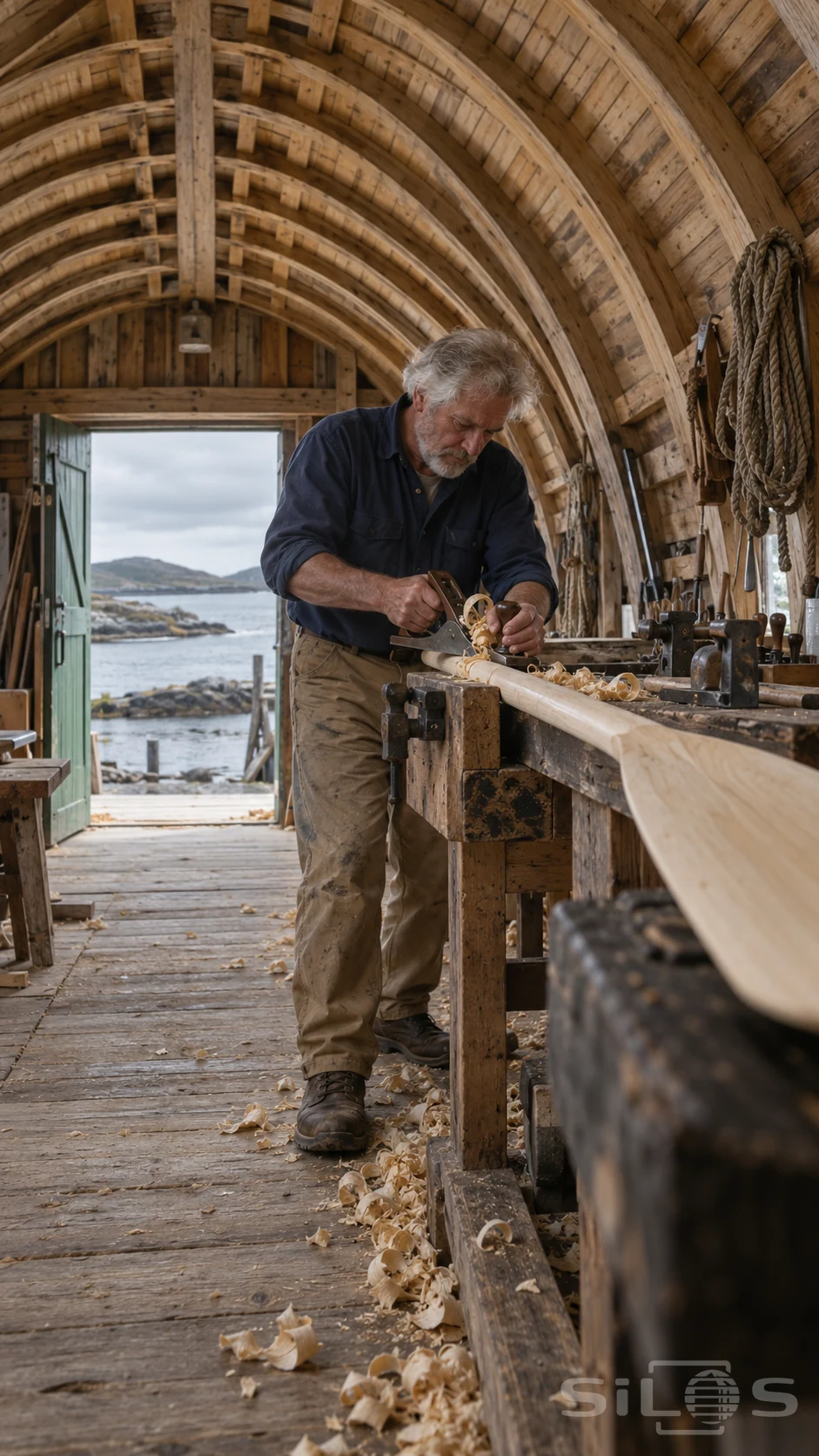A boatbuilder planes a wooden oar at a workbench beneath the curved timber ribs of an upturned hull, with the sea through an open door.
