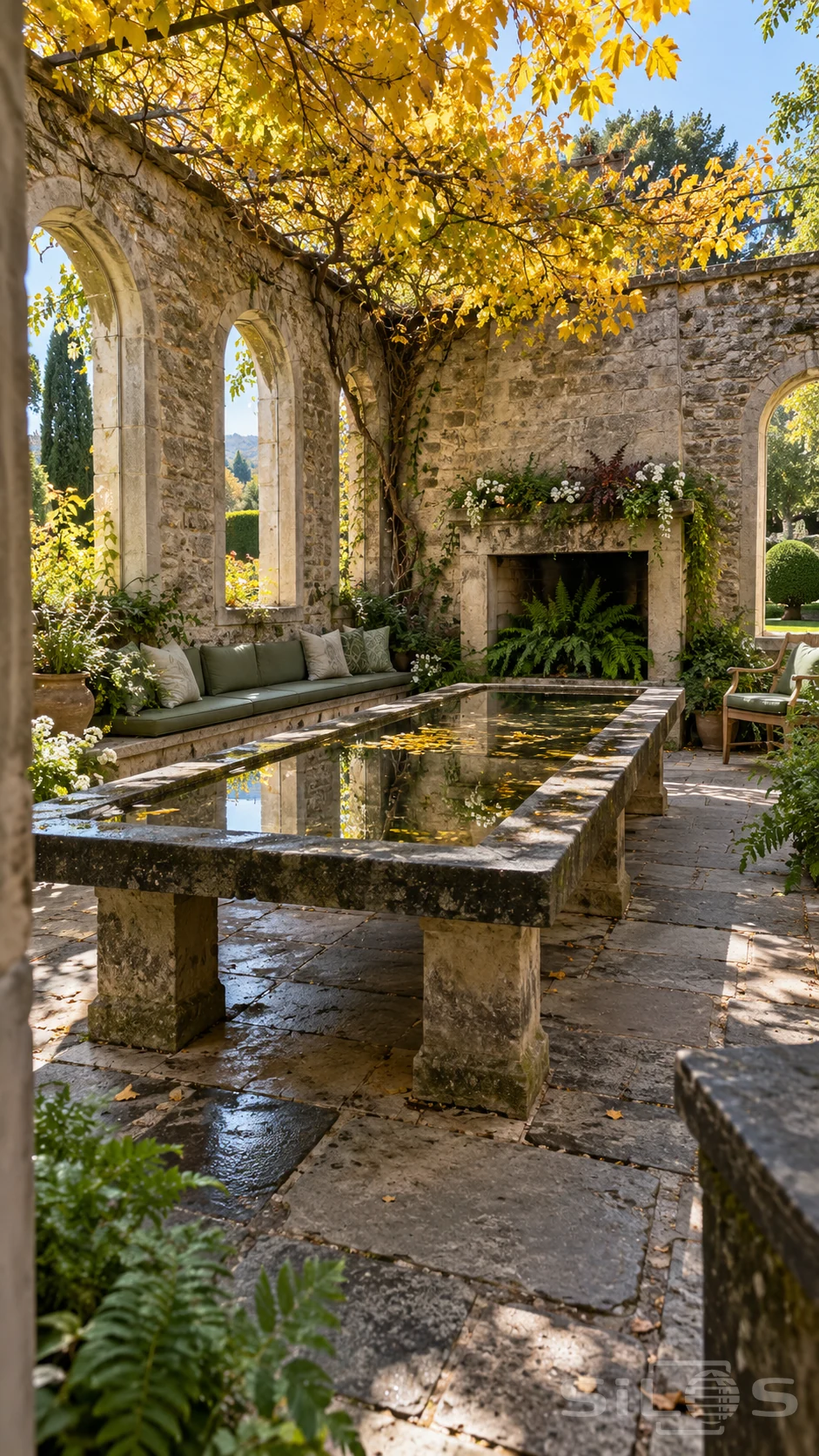 A long stone water table reflects golden vine leaves in a roofless garden room with arched windows, cushioned benches and a fern-filled fireplace.